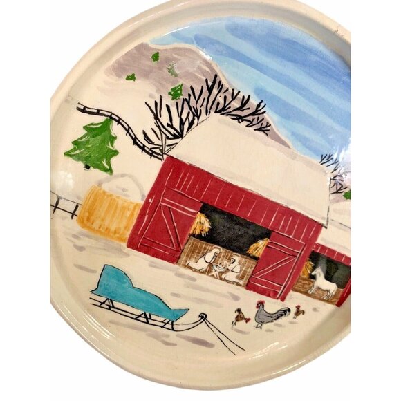 Vtg Ceramic Round Tray 7" Hand Painted Nativity Country Christmas Barn 55 Signed - Picture 3 of 9